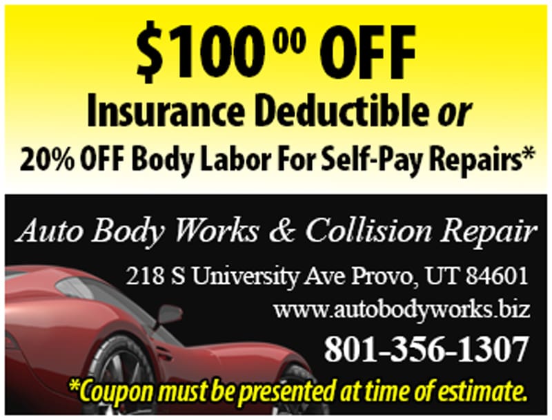 Coupon01-20180925 Coupon for $100 off insurance deductible or 10% Off body Labor For Self-Pay Repairs - Coupon must be presented at time of estimate